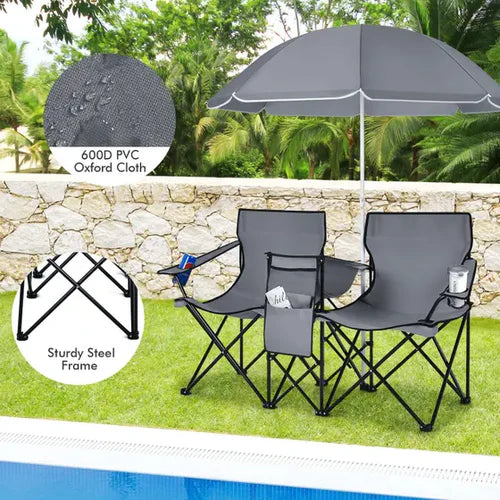 Cadeiras Dobráveis com Guarda‑Sol e Cooler Integrado - Conjunto Duo Luxo Outdoor BLACK FRIDAY